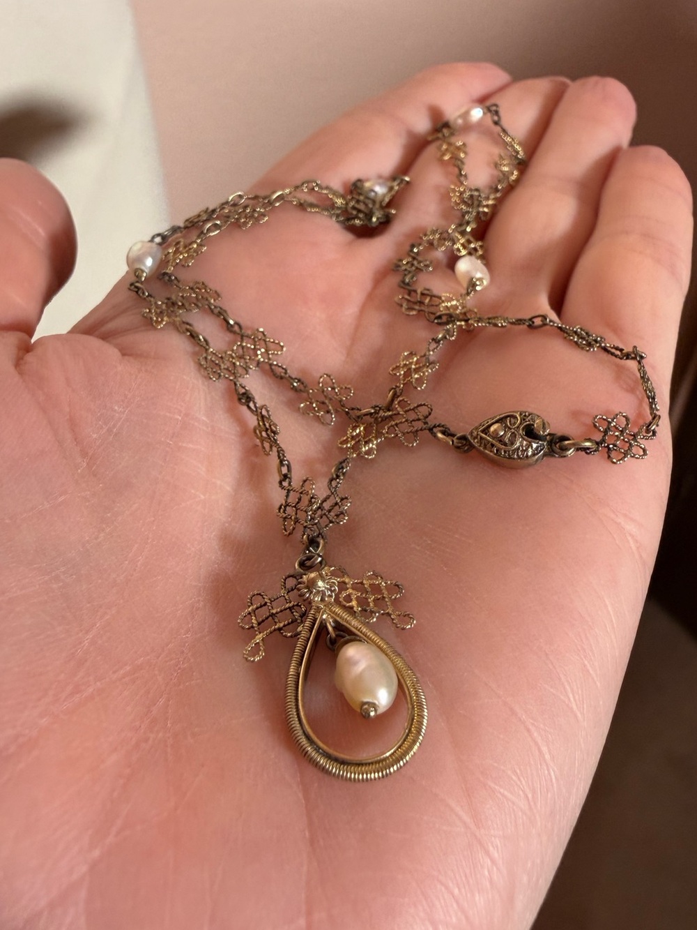 Vintage antique Victorian art deco gold vermeil Sterling filigree Pearl necklace